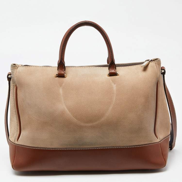 Pre Owned CH Carolina Herrera Beige/Brown Pebbled Leather Satchel