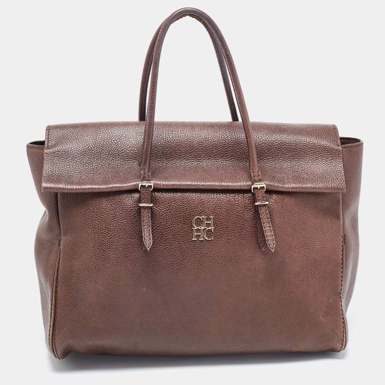 Pre Owned Carolina Herrera Brown Leather Minuetto Flap Top Handle Bag