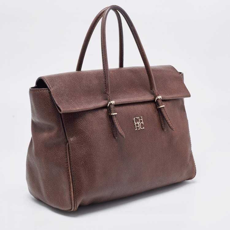 Pre Owned Carolina Herrera Brown Leather Minuetto Flap Top Handle Bag