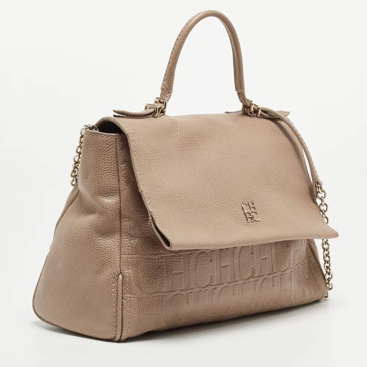 Pre Owned CH Carolina Herrera Beige Leather Minuetto Flap Top Handle Bag