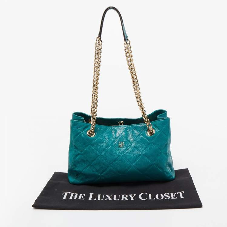 Pre Owned CH Carolina Herrera Green Quilted Embossed Leather Chain Tote