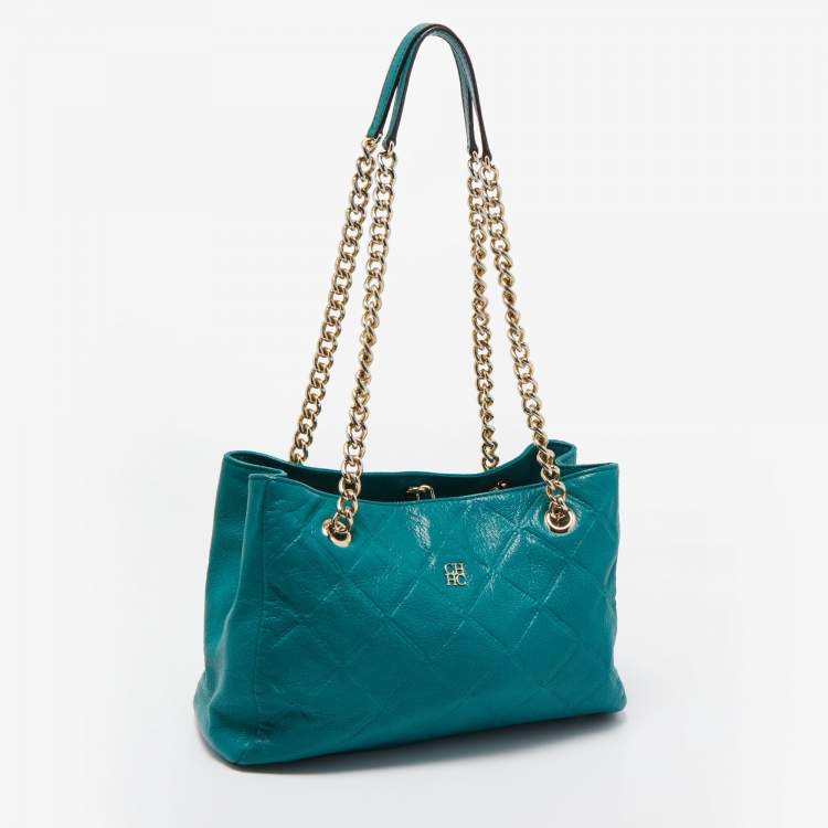 Pre Owned CH Carolina Herrera Green Quilted Embossed Leather Chain Tote