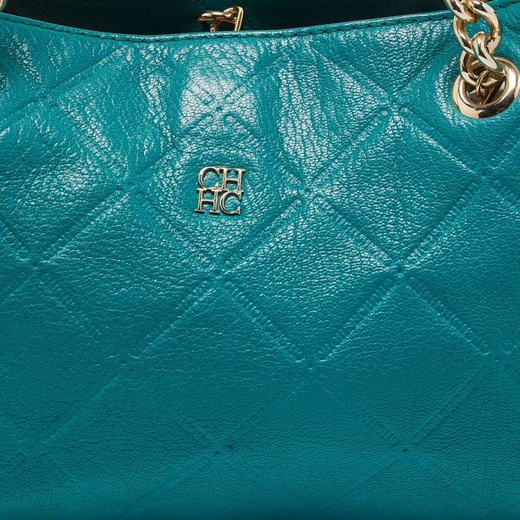 Pre Owned CH Carolina Herrera Green Quilted Embossed Leather Chain Tote