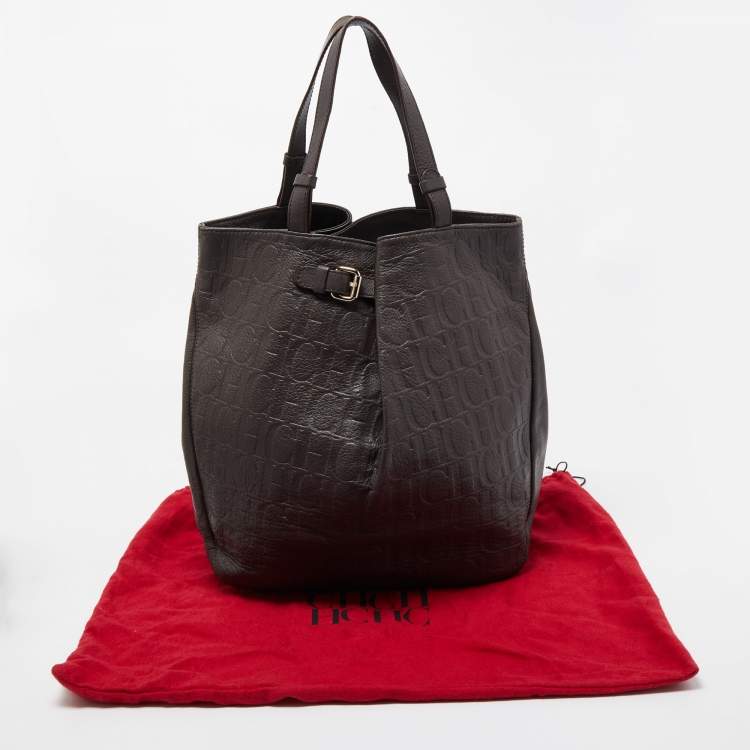 Pre Owned CH Carolina Herrera Dark Grey Monogram Embossed Leather Belt Tote