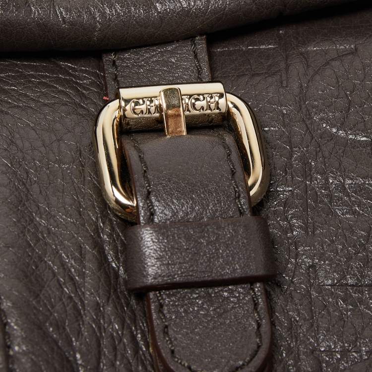 Pre Owned CH Carolina Herrera Dark Grey Monogram Embossed Leather Belt Tote