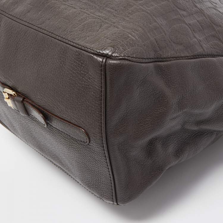 Pre Owned CH Carolina Herrera Dark Grey Monogram Embossed Leather Belt Tote