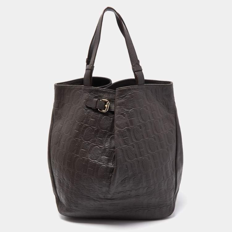 Pre Owned CH Carolina Herrera Dark Grey Monogram Embossed Leather Belt Tote