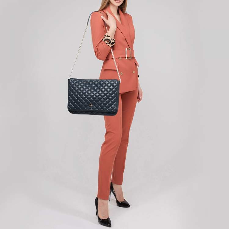 Pre Owned CH Carolina Herrera Dark Blue Quilted Leather Flap Chain Bag