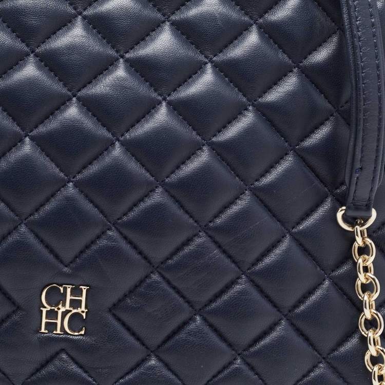 Pre Owned CH Carolina Herrera Dark Blue Quilted Leather Flap Chain Bag