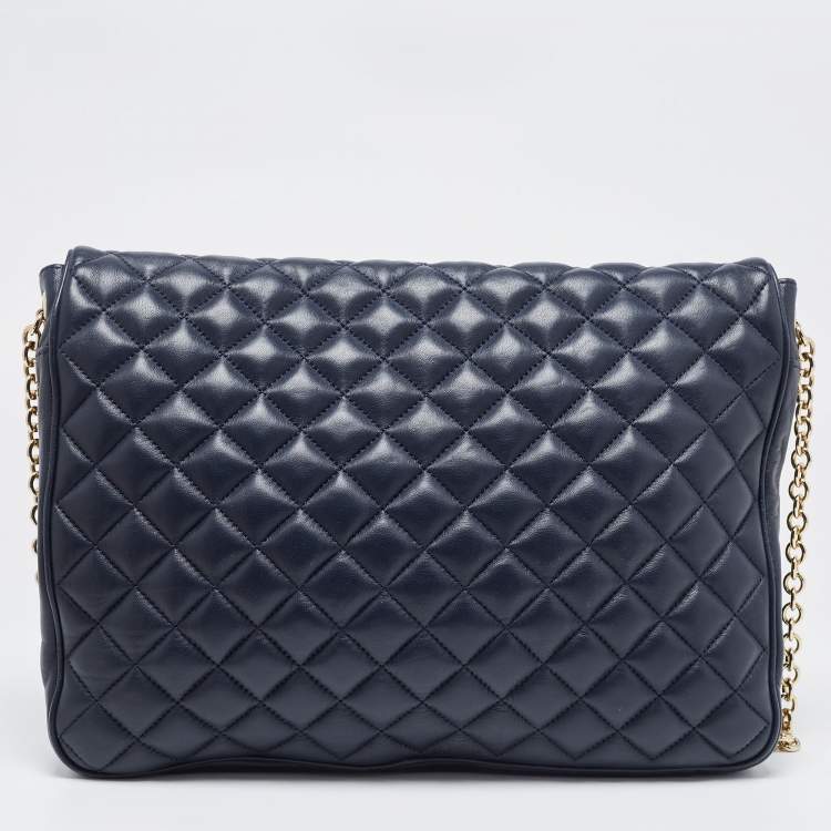 Pre Owned CH Carolina Herrera Dark Blue Quilted Leather Flap Chain Bag