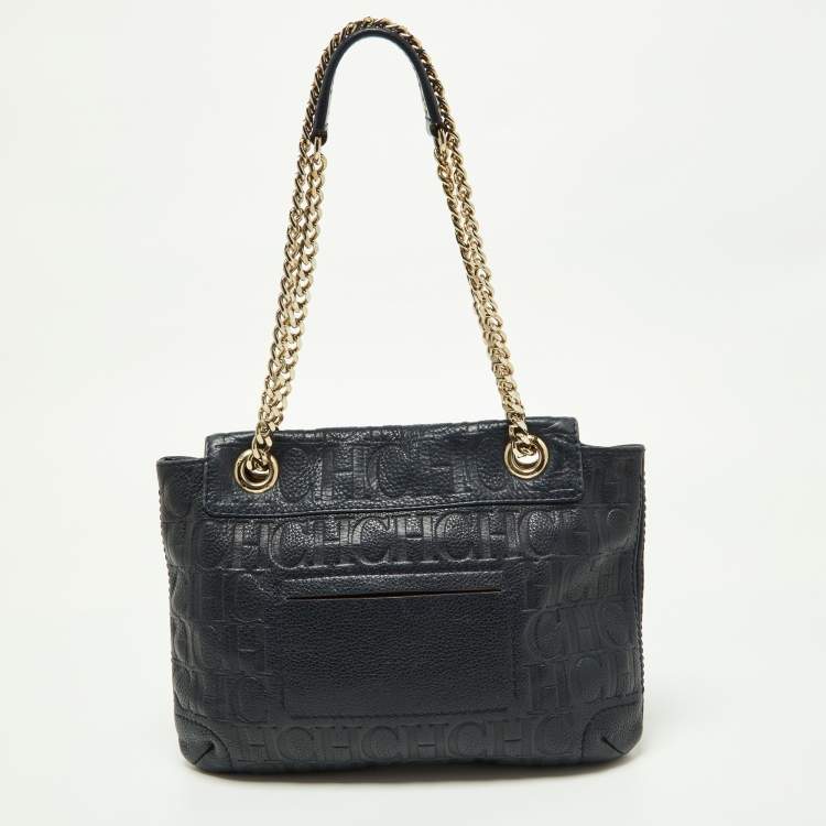 مملوكة مسبقًا CH Carolina Herrera Navy Blue Monogram Leather Audrey Shoulder Bag