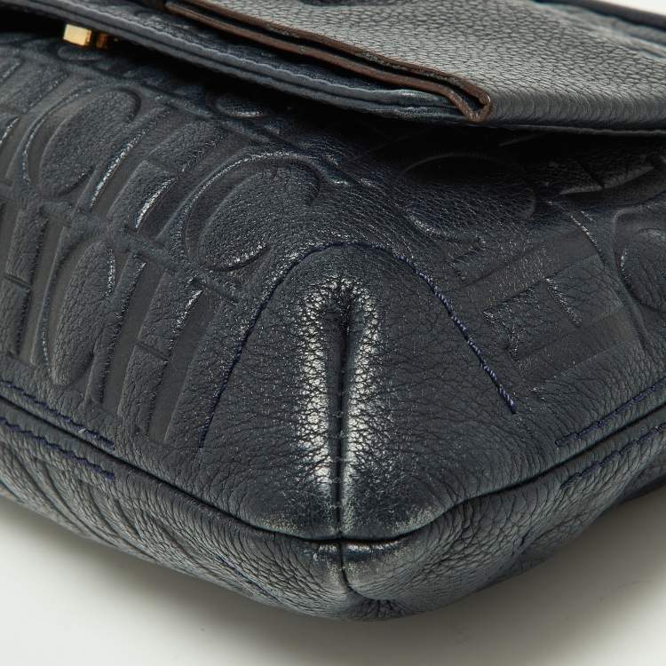 مملوكة مسبقًا CH Carolina Herrera Navy Blue Monogram Leather Audrey Shoulder Bag