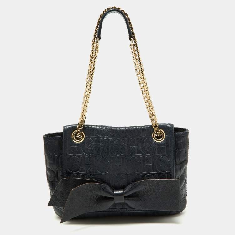 مملوكة مسبقًا CH Carolina Herrera Navy Blue Monogram Leather Audrey Shoulder Bag