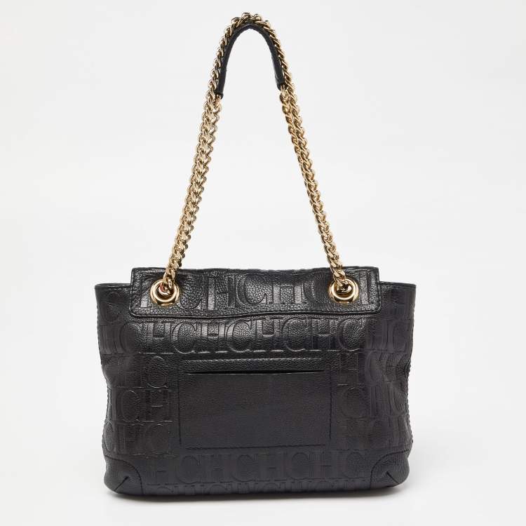 Pre Owned CH Carolina Herrera Black Monogram Embossed Leather Audrey Bow Flap Shoulder Bag