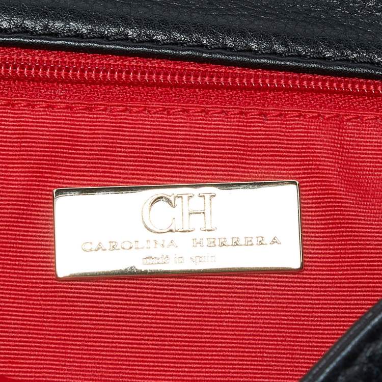 Pre Owned CH Carolina Herrera Black Monogram Embossed Leather Audrey Bow Flap Shoulder Bag