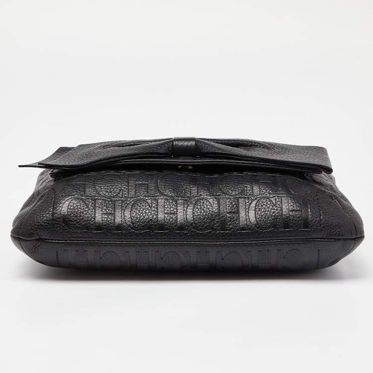 Pre Owned CH Carolina Herrera Black Monogram Embossed Leather Audrey Bow Flap Shoulder Bag