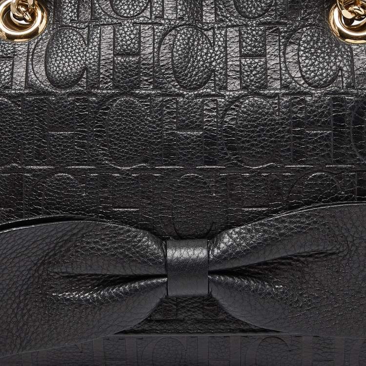 Pre Owned CH Carolina Herrera Black Monogram Embossed Leather Audrey Bow Flap Shoulder Bag