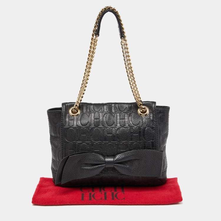 Pre Owned CH Carolina Herrera Black Monogram Embossed Leather Audrey Bow Flap Shoulder Bag