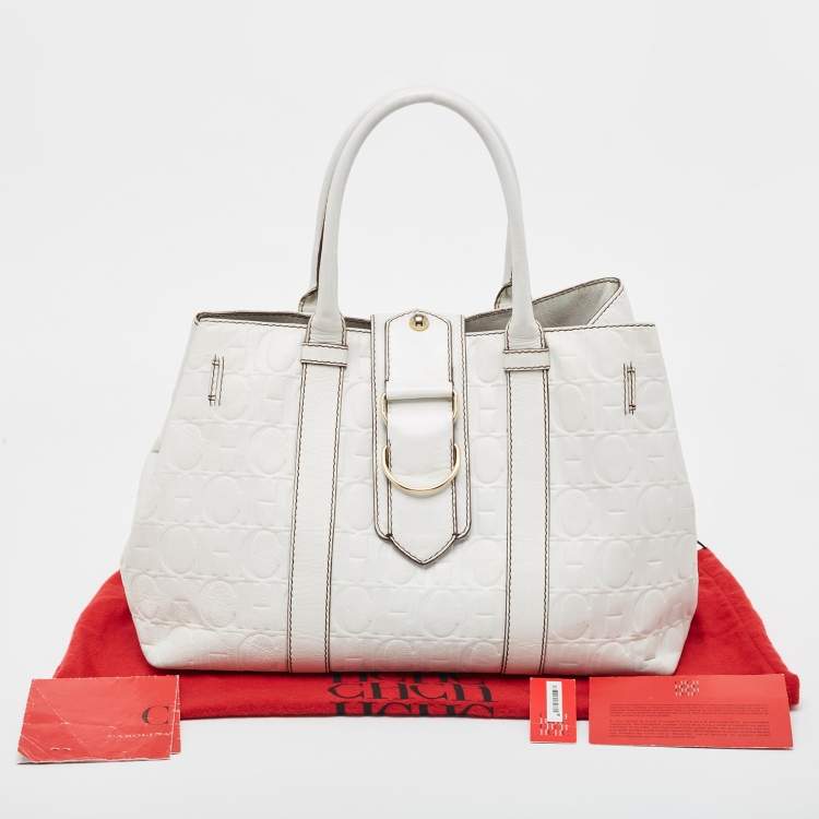 Pre Owned CH Carolina Herrera  White Monogram Embossed Leather Tote