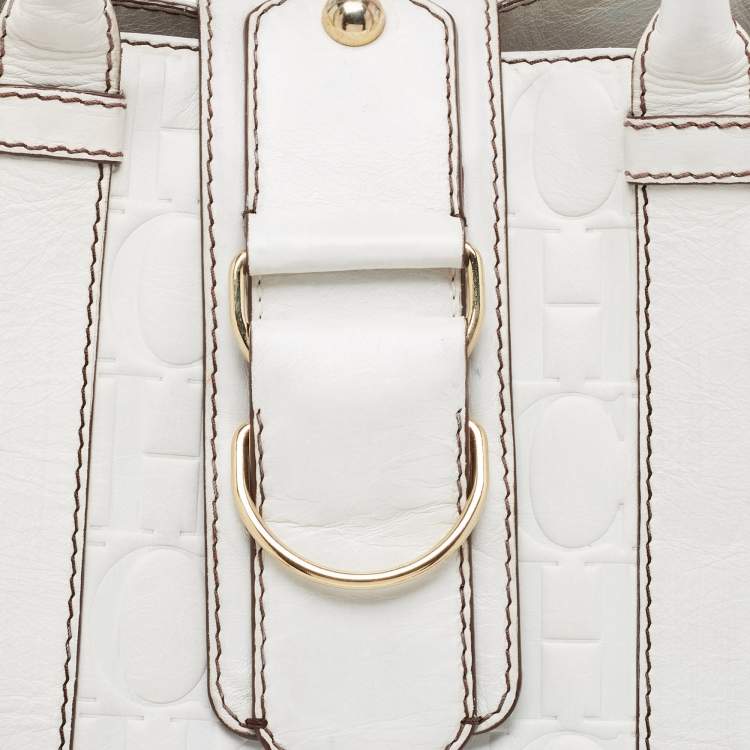 Pre Owned CH Carolina Herrera  White Monogram Embossed Leather Tote