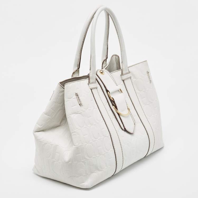 Pre Owned CH Carolina Herrera  White Monogram Embossed Leather Tote