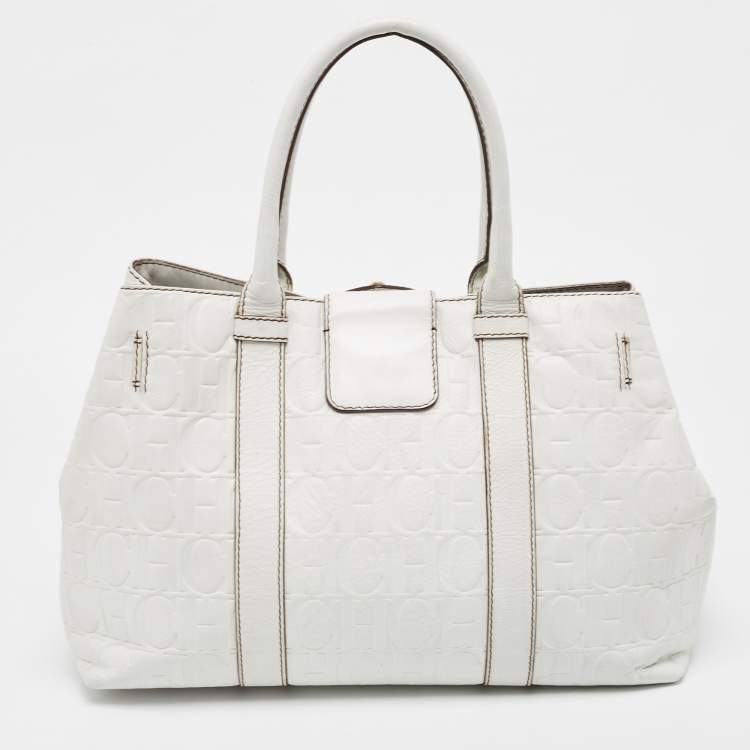 Pre Owned CH Carolina Herrera  White Monogram Embossed Leather Tote