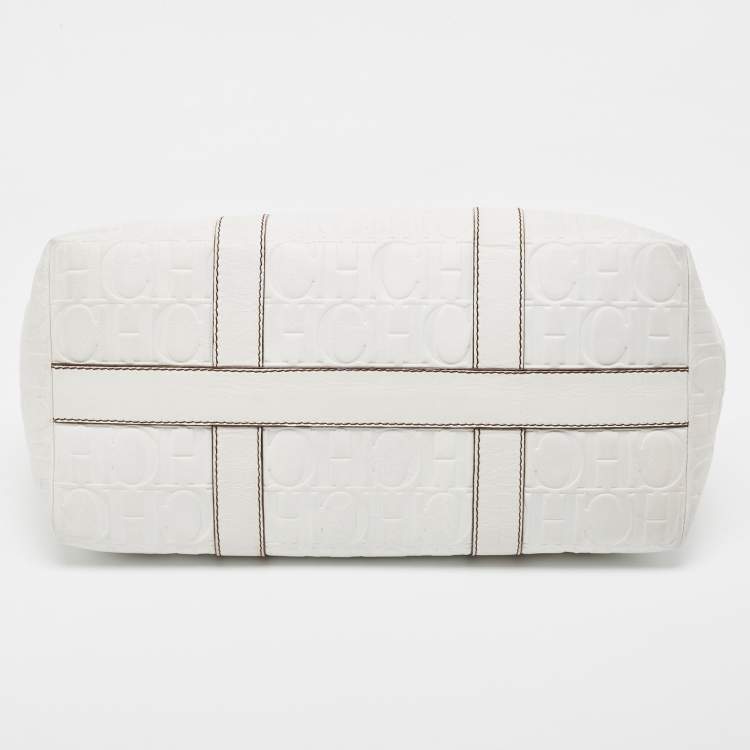 Pre Owned CH Carolina Herrera  White Monogram Embossed Leather Tote
