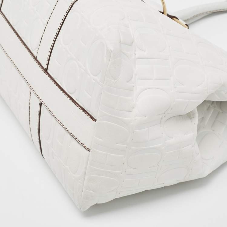 Pre Owned CH Carolina Herrera  White Monogram Embossed Leather Tote