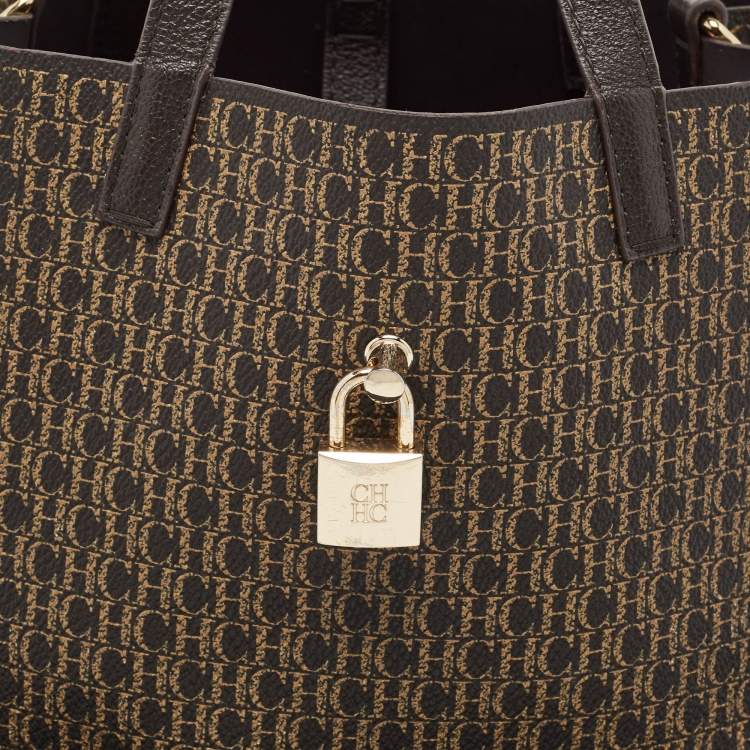 Pre Owned CH Carolina Herrera Choco Brown Signature Coated Canvas Matryoshka Padlock Tote