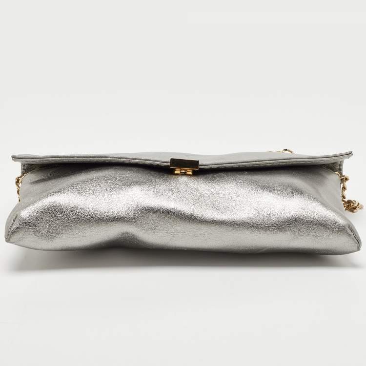 Pre Owned CH Carolina Herrera Metallic Grey Leather Chain Clutch