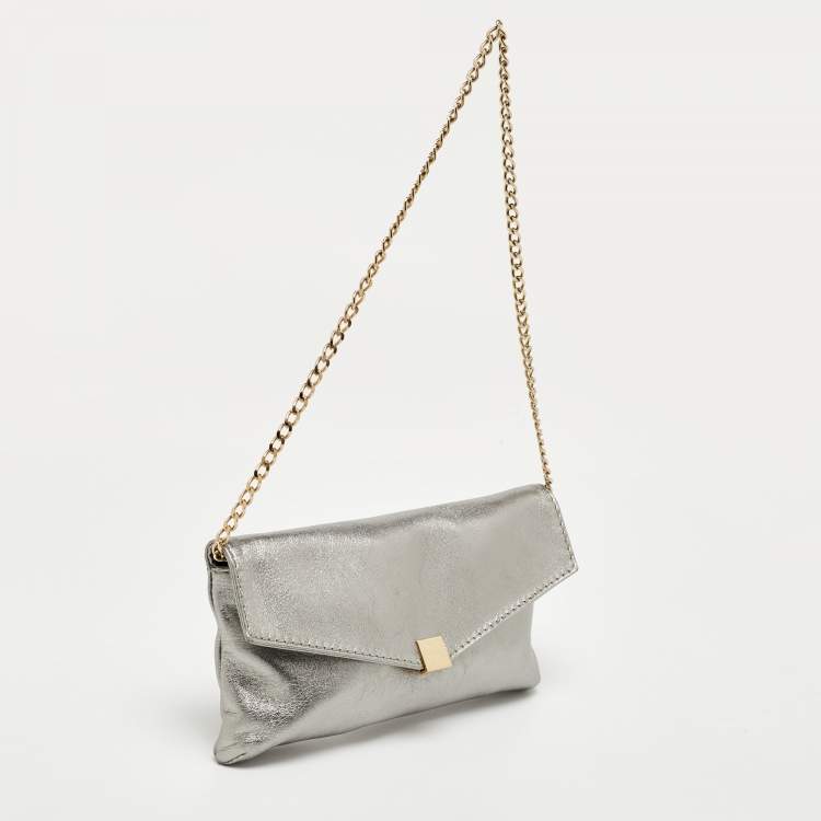 Pre Owned CH Carolina Herrera Metallic Grey Leather Chain Clutch