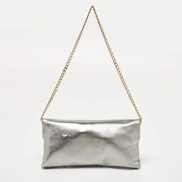 Pre Owned CH Carolina Herrera Metallic Grey Leather Chain Clutch