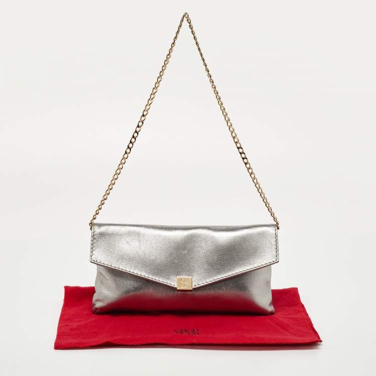 Pre Owned CH Carolina Herrera Metallic Grey Leather Chain Clutch