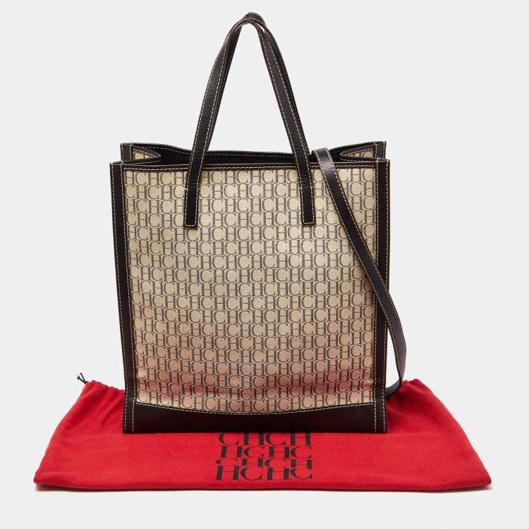 Pre Owned CH Carolina Herrera Beige/Brown Monogram Canvas and Leather Tote