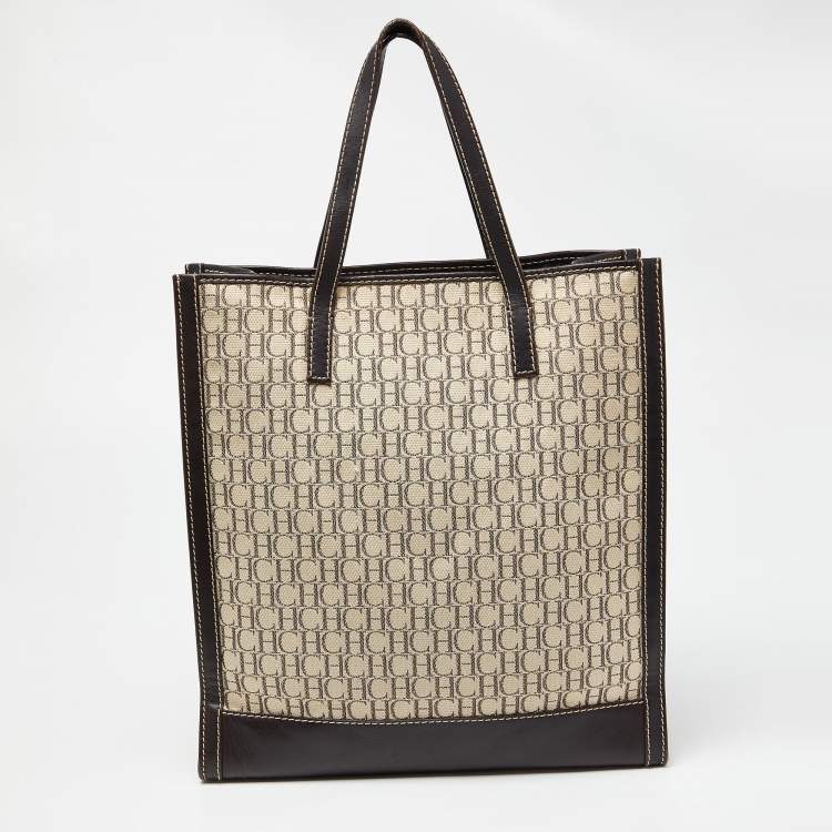 Pre Owned CH Carolina Herrera Beige/Brown Monogram Canvas and Leather Tote