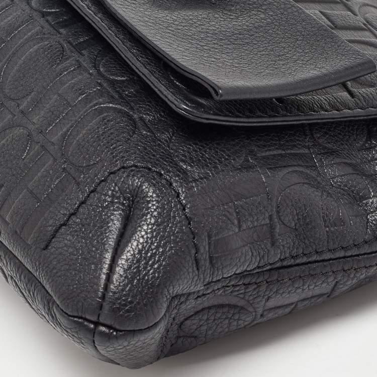 Pre Owned CH Carolina Herrera Black Monogram Embossed Leather Audrey Flap Shoulder Bag