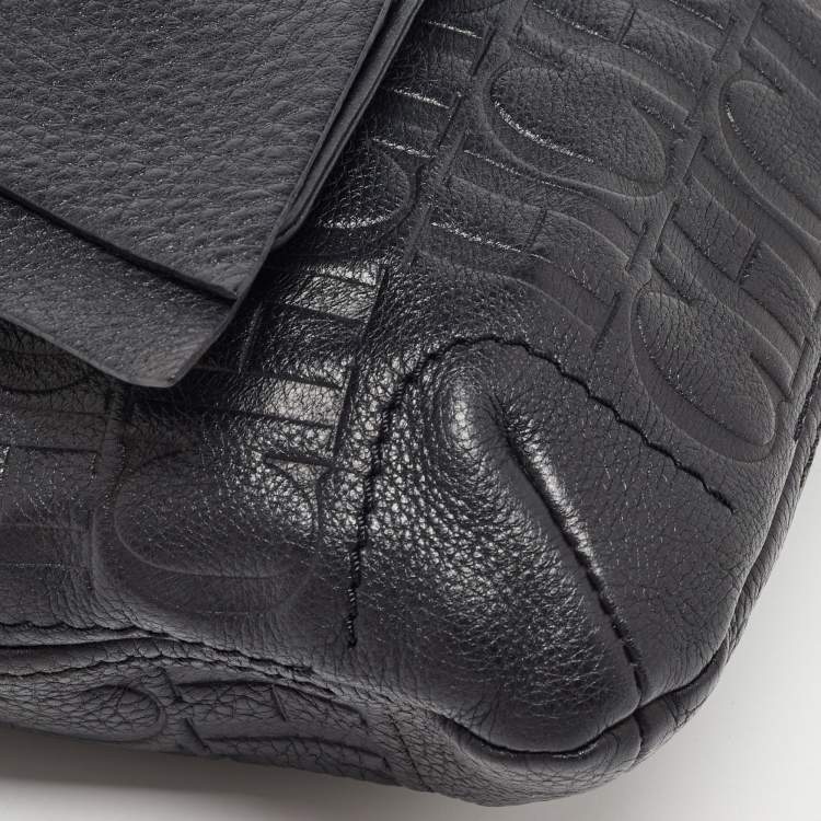 Pre Owned CH Carolina Herrera Black Monogram Embossed Leather Audrey Flap Shoulder Bag