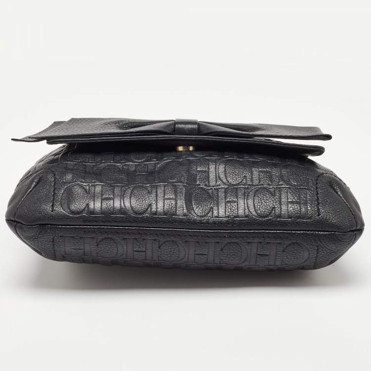 Pre Owned CH Carolina Herrera Black Monogram Embossed Leather Audrey Flap Shoulder Bag