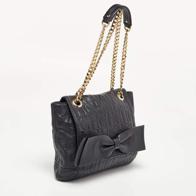 Pre Owned CH Carolina Herrera Black Monogram Embossed Leather Audrey Flap Shoulder Bag
