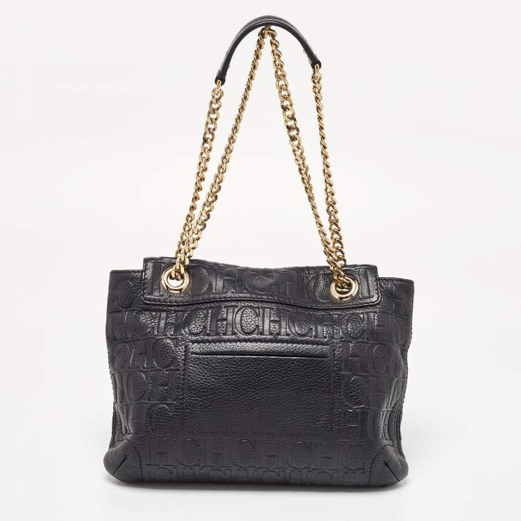 Pre Owned CH Carolina Herrera Black Monogram Embossed Leather Audrey Flap Shoulder Bag