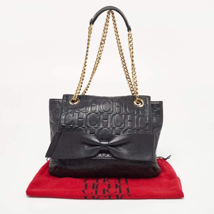 Pre Owned CH Carolina Herrera Black Monogram Embossed Leather Audrey Flap Shoulder Bag