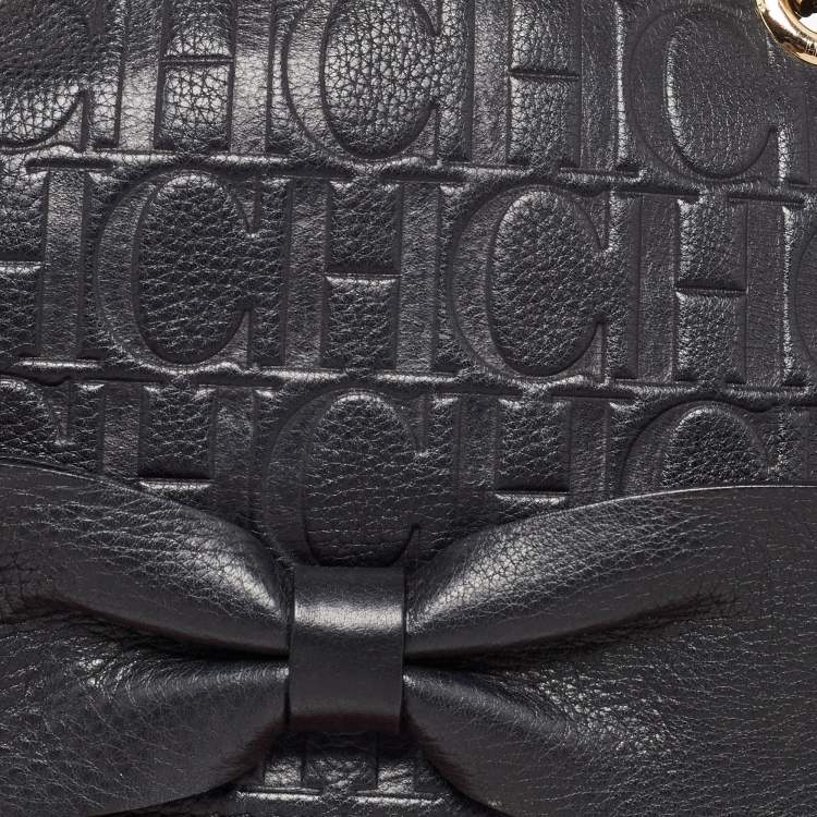 Pre Owned CH Carolina Herrera Black Monogram Embossed Leather Audrey Flap Shoulder Bag