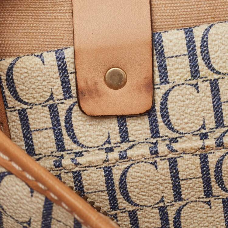 Pre Owned CH Carolina Herrera Off White/Blue Signature Coated Canvas and Leather Tote
