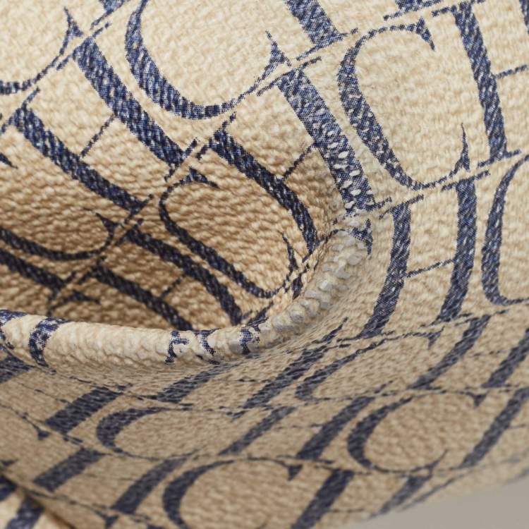 Pre Owned CH Carolina Herrera Off White/Blue Signature Coated Canvas and Leather Tote