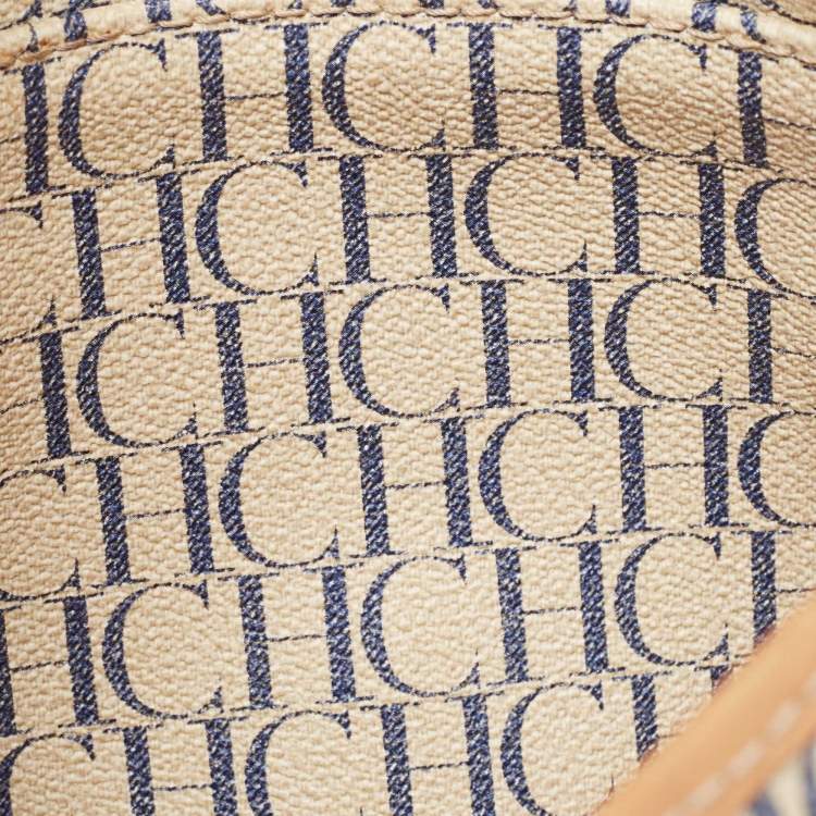 Pre Owned CH Carolina Herrera Off White/Blue Signature Coated Canvas and Leather Tote