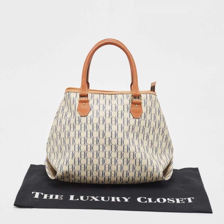 Pre Owned CH Carolina Herrera Off White/Blue Signature Coated Canvas and Leather Tote