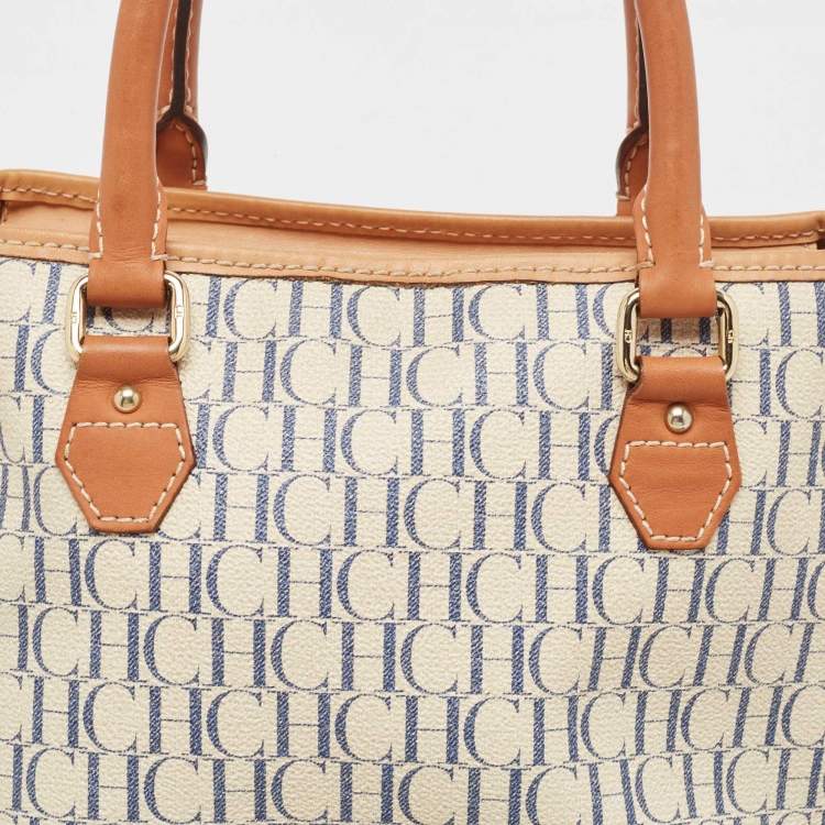 Pre Owned CH Carolina Herrera Off White/Blue Signature Coated Canvas and Leather Tote