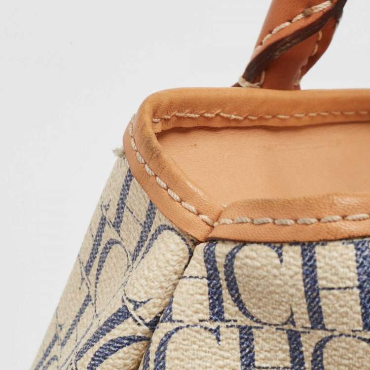 Pre Owned CH Carolina Herrera Off White/Blue Signature Coated Canvas and Leather Tote