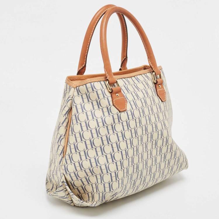Pre Owned CH Carolina Herrera Off White/Blue Signature Coated Canvas and Leather Tote