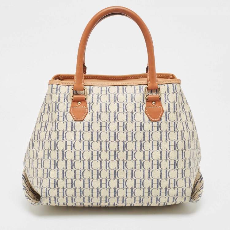 Pre Owned CH Carolina Herrera Off White/Blue Signature Coated Canvas and Leather Tote